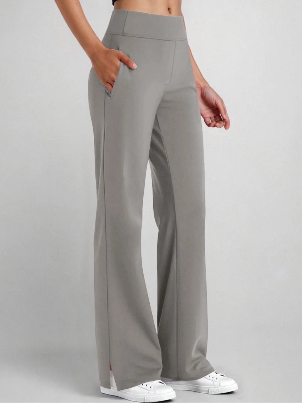 High-Waist Wide-Leg Women’s Pants - Gray with Pockets